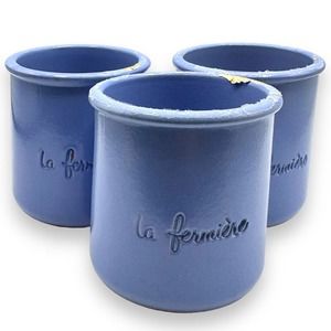 Set Of 3 La Fermiere Periwinkle Terra Cotta Pottery Yogurt Pots